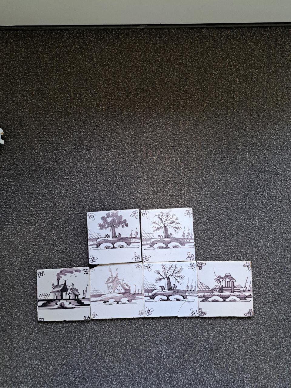 Antieke mangaan tegels / landschapstafereel (6 stuks)