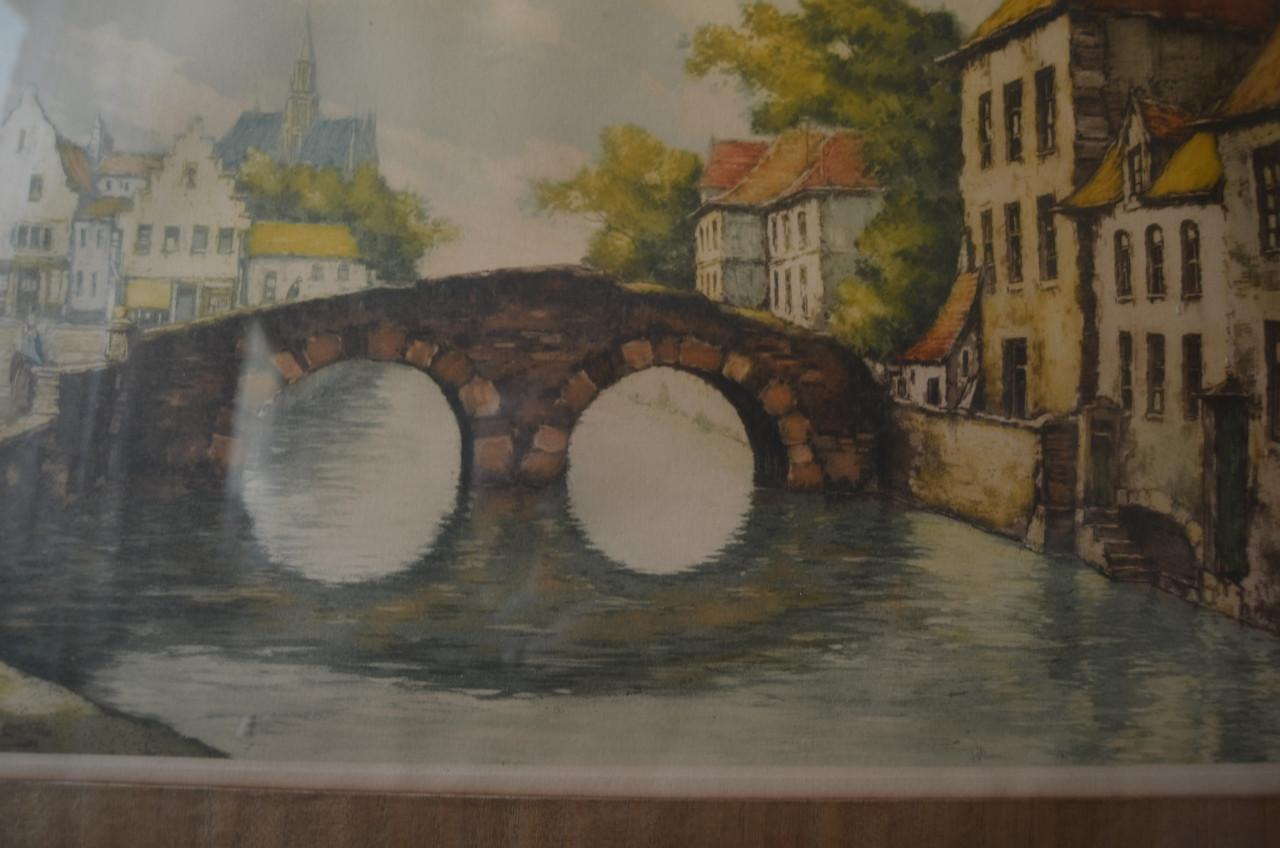 Grote kleurenets (?) Stadsgezicht Brugge, gesigneerd 'van Meulen'