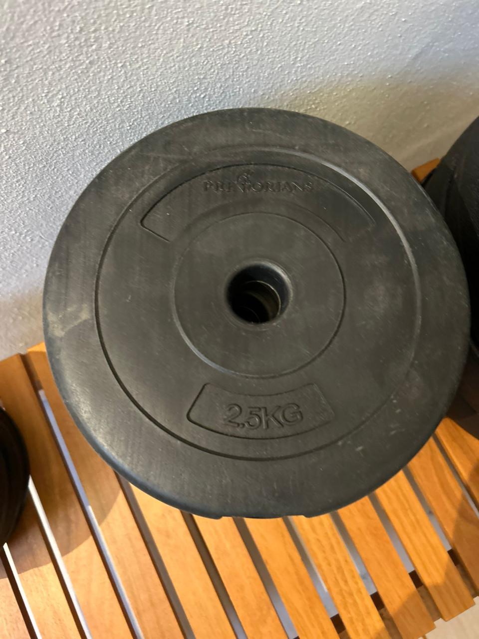 Halterbank met haltergewichten, rubber tegels en magnesium