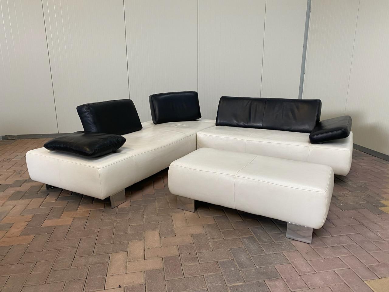 Montèl Witte Leren Hoekbank met Hocker–Luxe Echt Leer–Gratis Levering