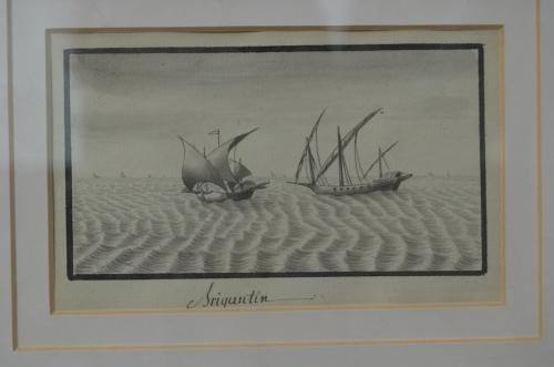 Mooie monochroom aquarel van een Brigantijn