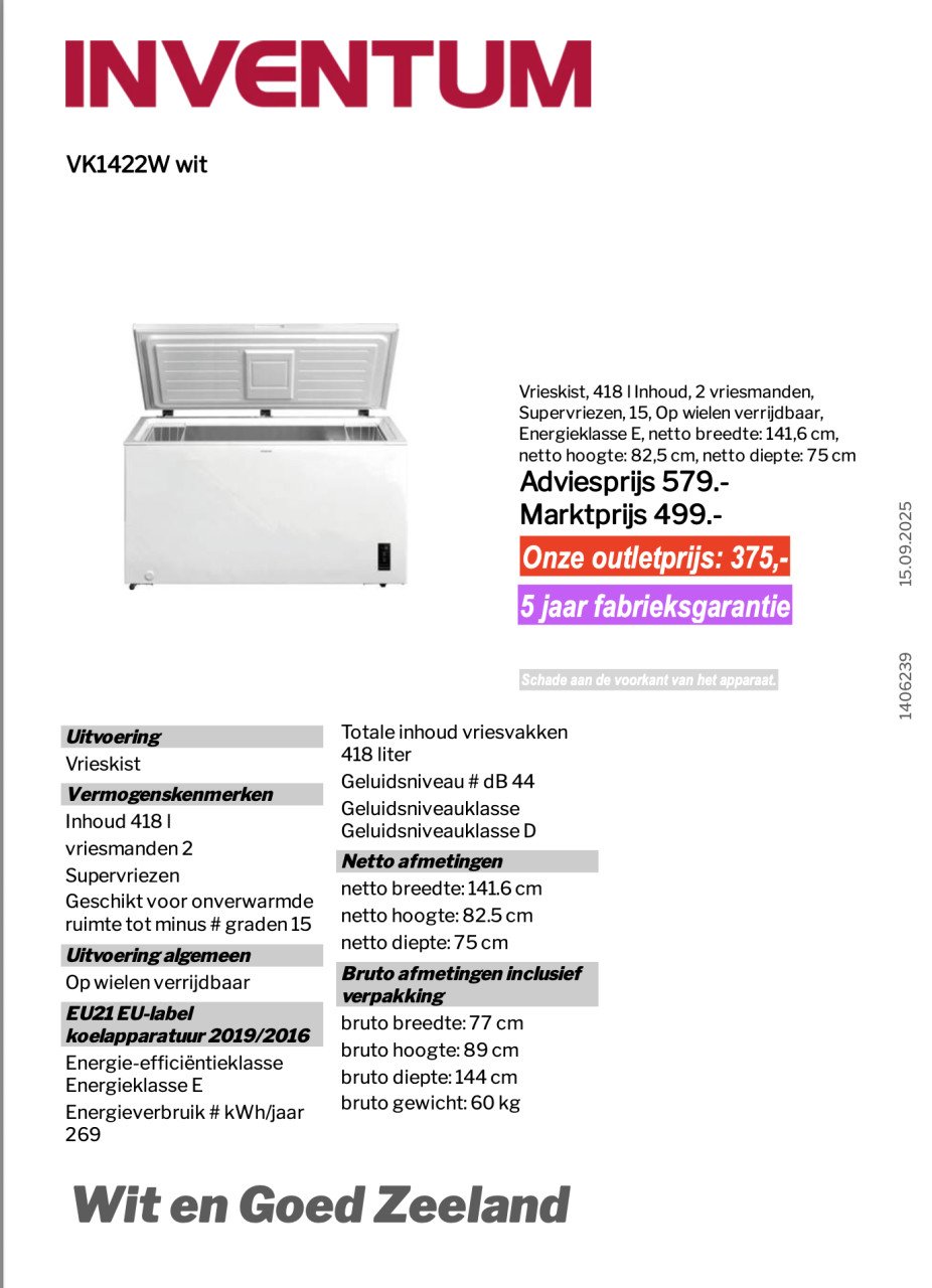 Inventum vrieskast cq ijsbad 5 jaar garantie!(outlet/nieuw)