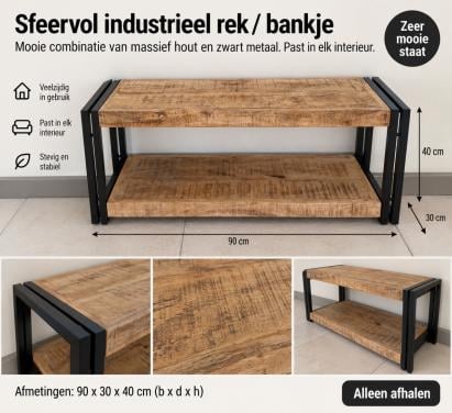 Industrieel houten rek / bankje – zwart metaal – zeer nette staat