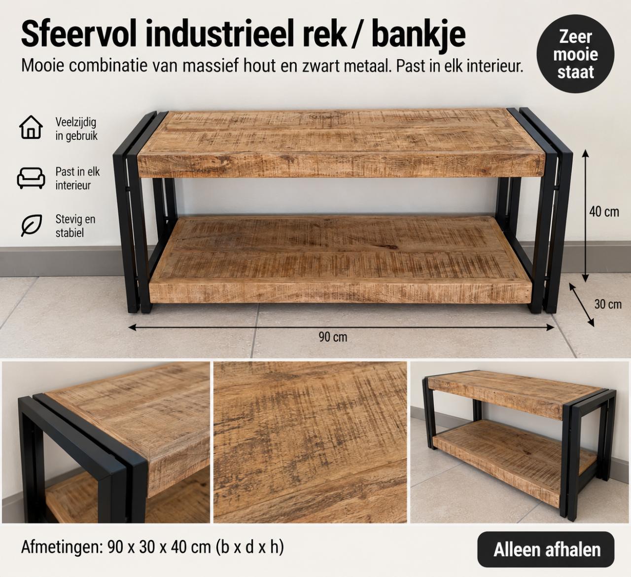Industrieel houten rek / bankje – zwart metaal – zeer nette staat
