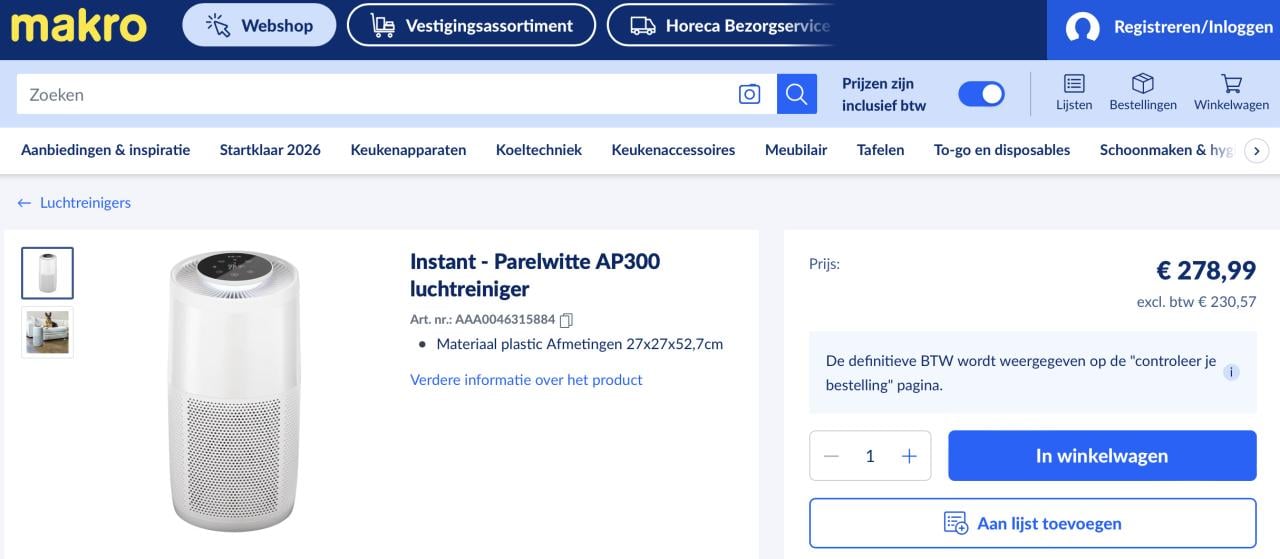 Instant - Parelwitte AP300 luchtreiniger