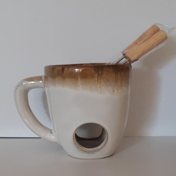 Fondue mok van Jens Living, beige, chocolade of kaas met 2 fonduevorkjes