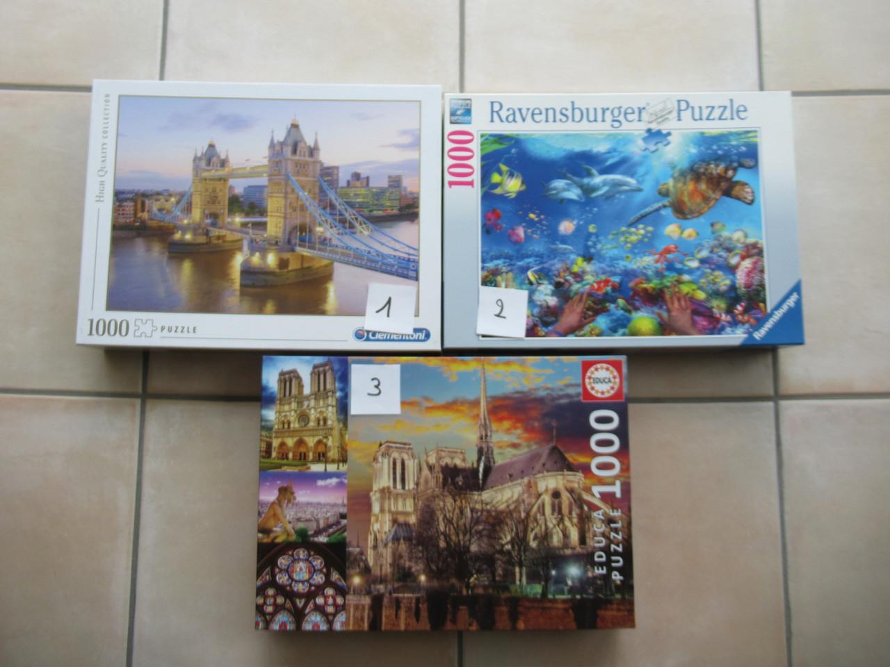 3 mooie volledige puzzels van 1000 stukjes, zo goed als nieuw.