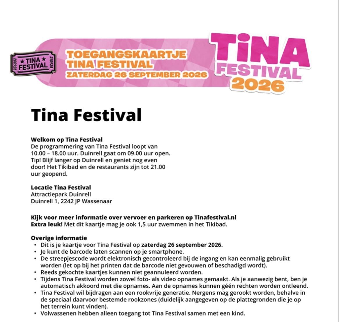 Tina Festival 2026 - zaterdagticket