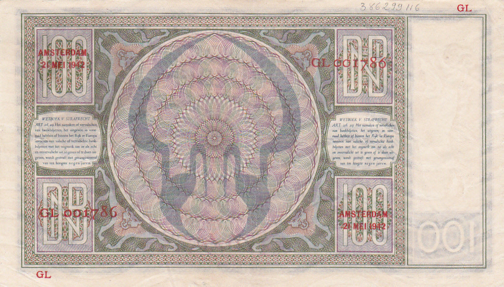 Biljet Nederland 100 Gulden 1942 Luitspelende Vrouw