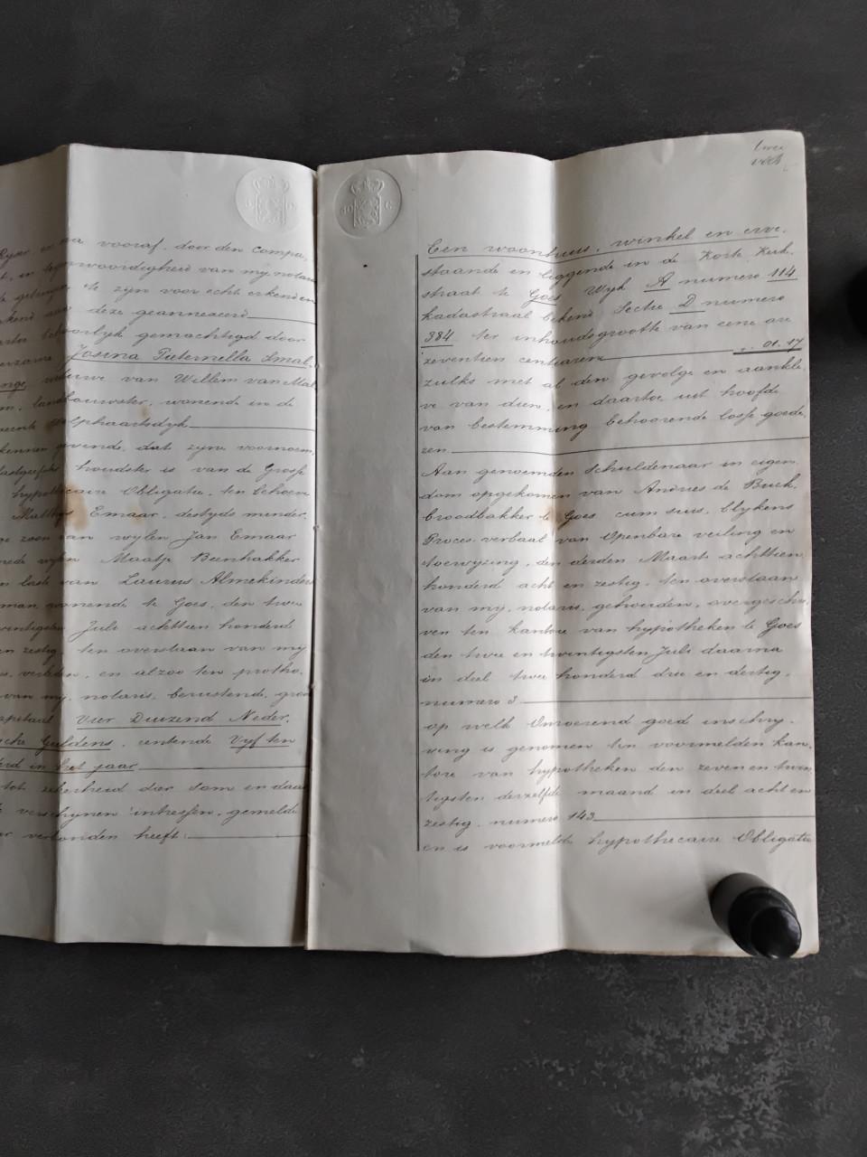 Handgeschreven akte van openbare veiling te Goes  jr 1874