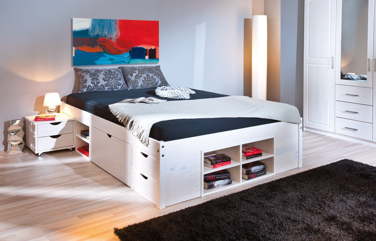 Massief grenen houten bed in Wit of Natuur met bedlades.