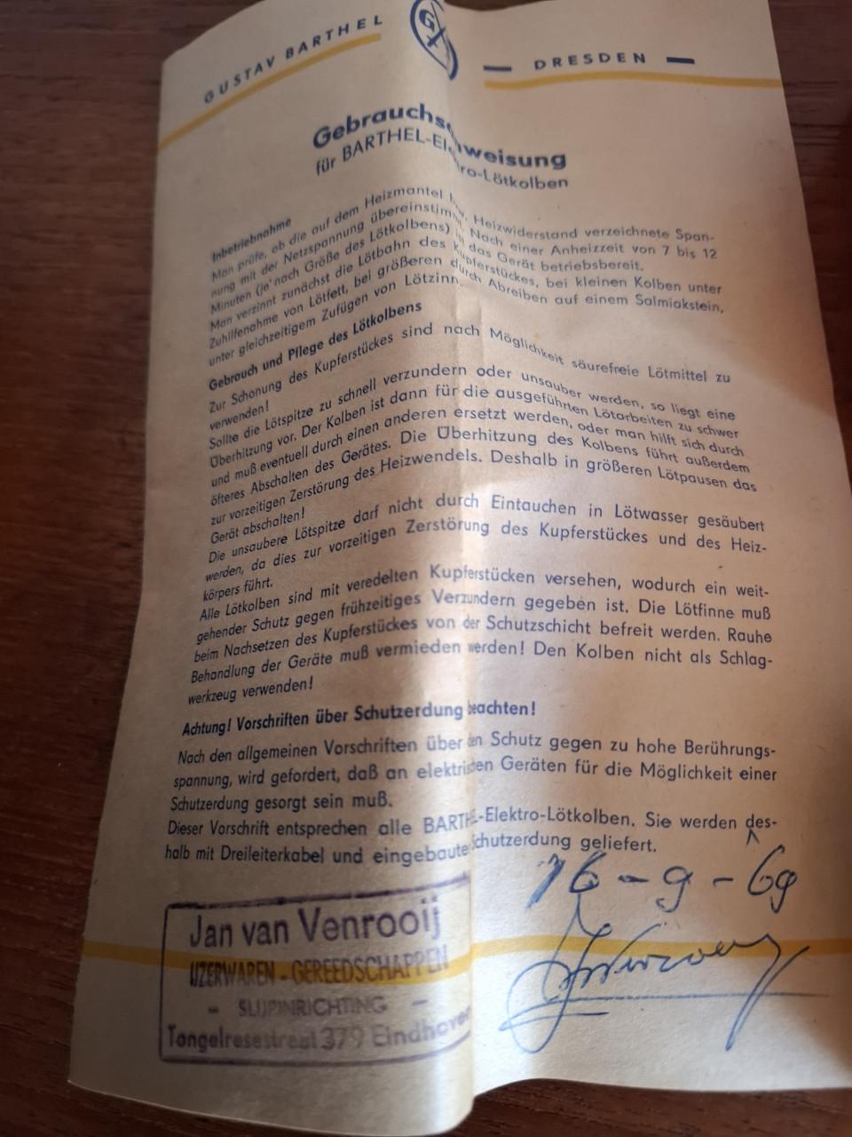 Barthel elektrische soldeerbout uit 1969