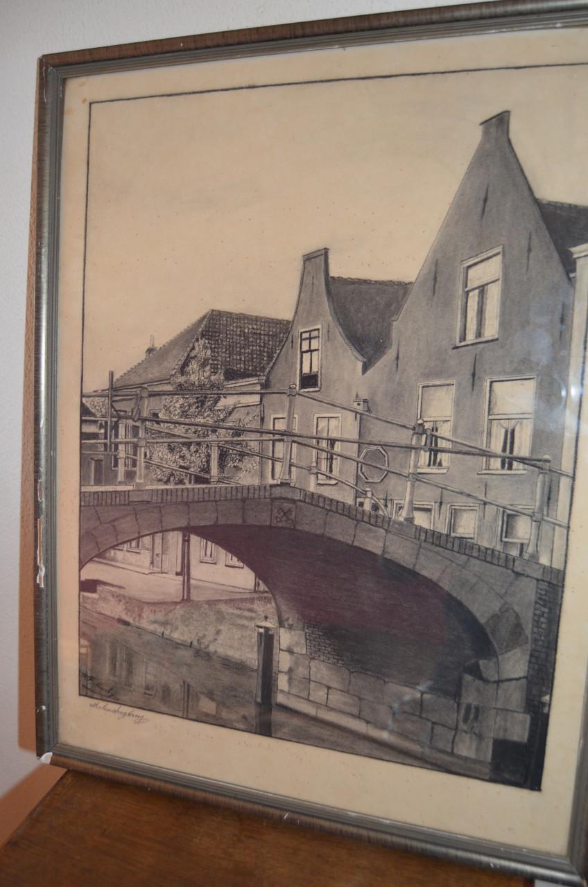 Ets of houtskool Molensteegbrug in Leiden
