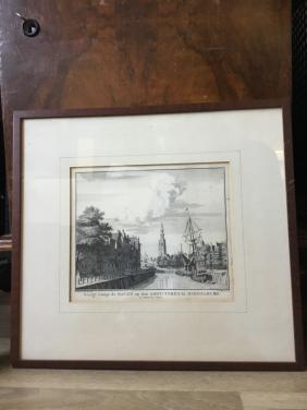 Gravure “Gezigt langs de haven op den Abdy-toren te Middelburg”
