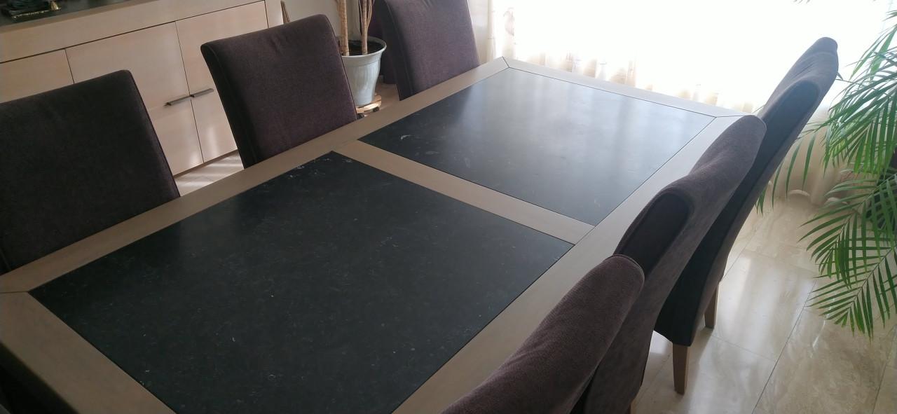 *** Te koop: Eethoek met 6 stoelen (grijs-eiken met hardstenen platen) ***