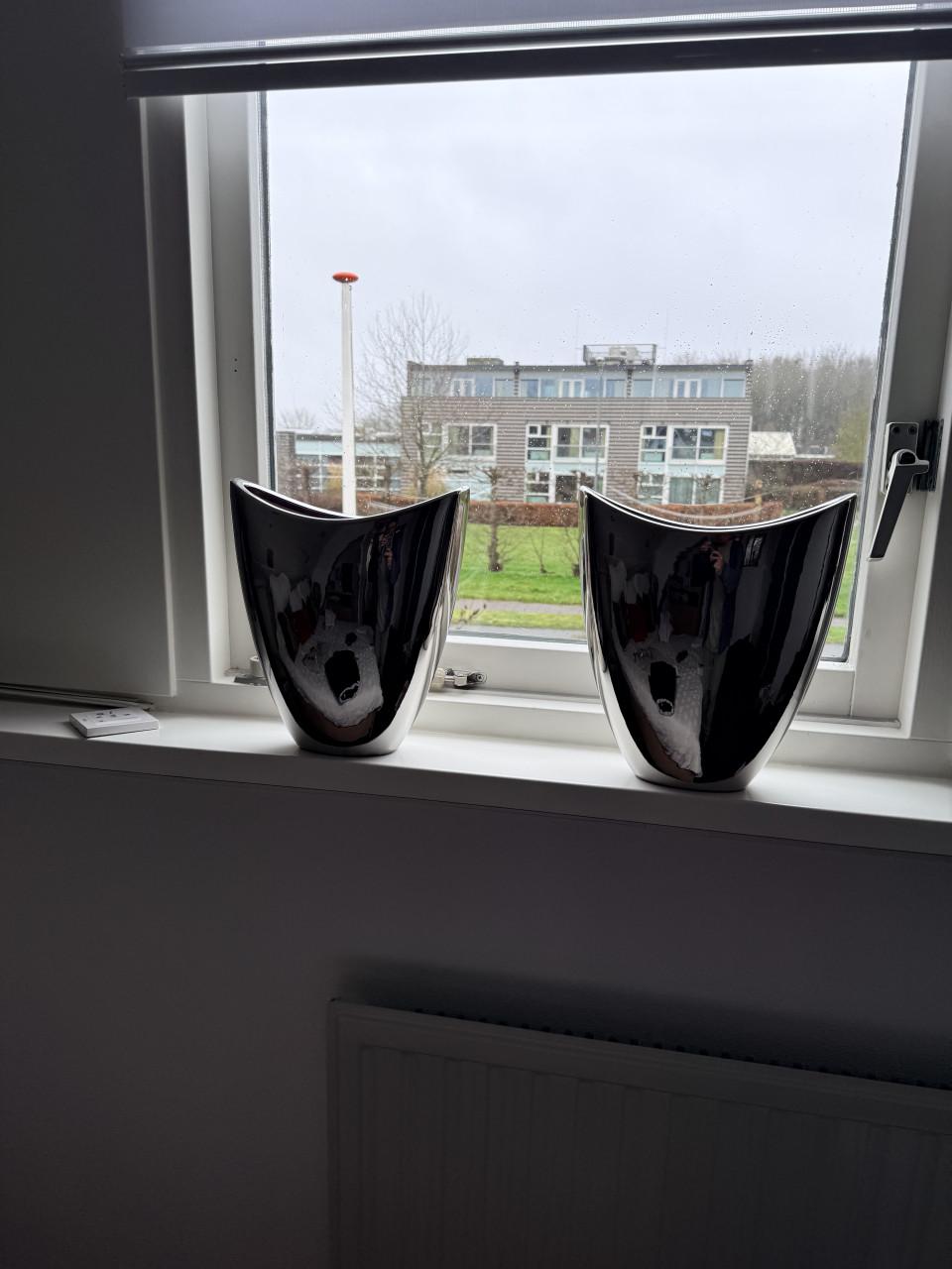 Bloempot/vaas zwart, bloempot/vaas zilverkleurig