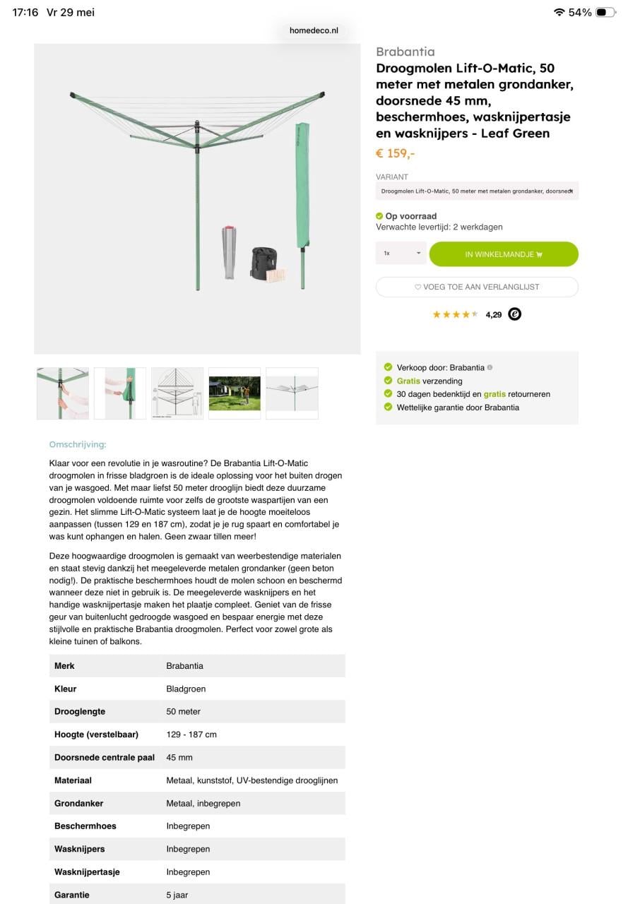 Brabantia spin o matic droogmolen 50 meter z.g.a.n. met toebehoren