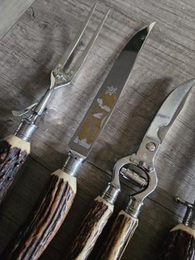 Jaren 80/ 5 delig design Tranchierbesteck Dreizack  Solingen