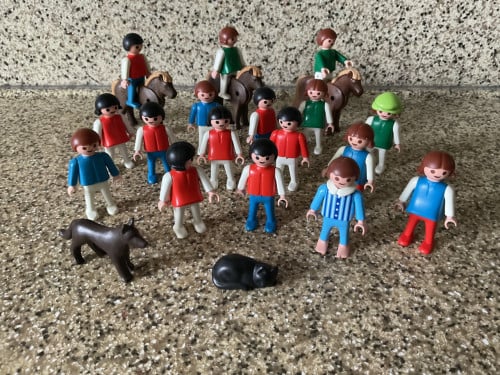 Playmobil.  klein.    17 poppetjes, 3 paarden, hond en kat.