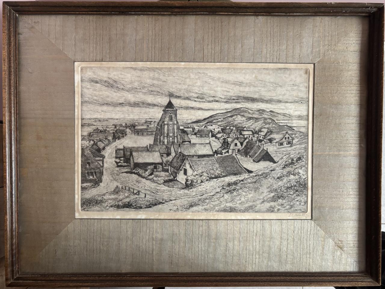 Gesigneerde Ets L.J. Braams - zicht op Zoutelande 1941