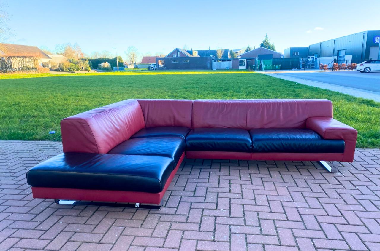 Montel Rood & Zwart Echt Leren Hoekbank–Luxe Comfort- Gratis Levering NL