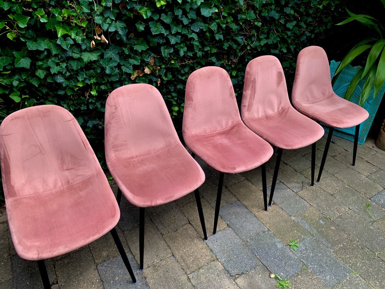 5 oudroze fluwelen stoelen