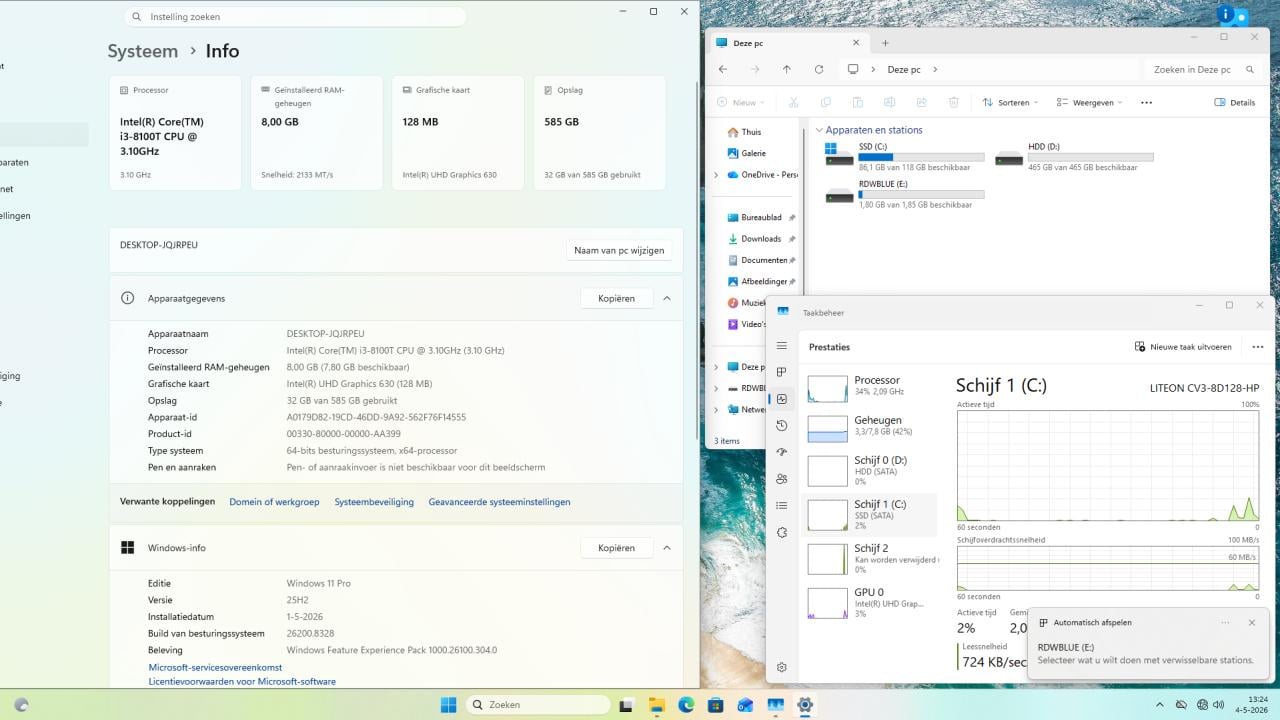 Complete Dell Optiplex 7060 MT i3-8100 8Gb 128+500Gb Win11 24" 85€
