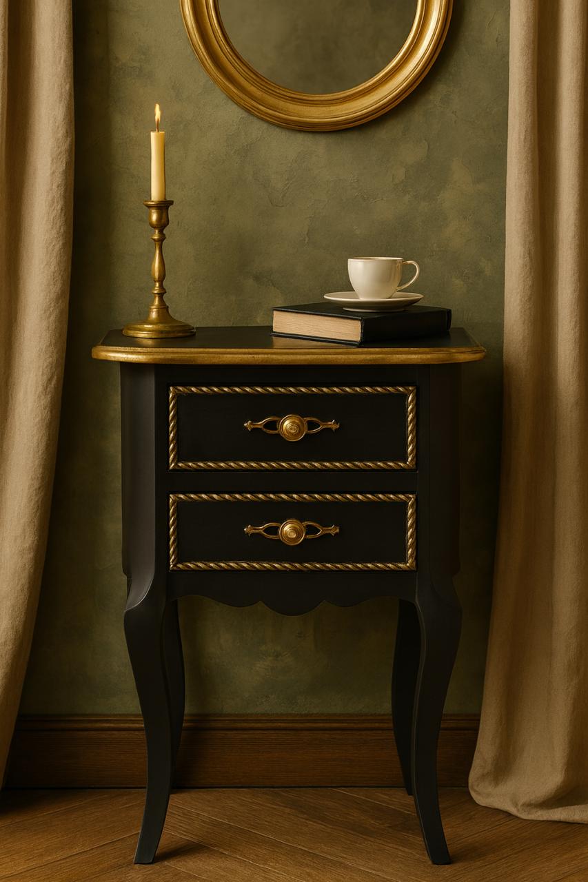 : Brocante Nachtkastje / Bijzettafeltje - Matzwart met Goud - 2 Lades