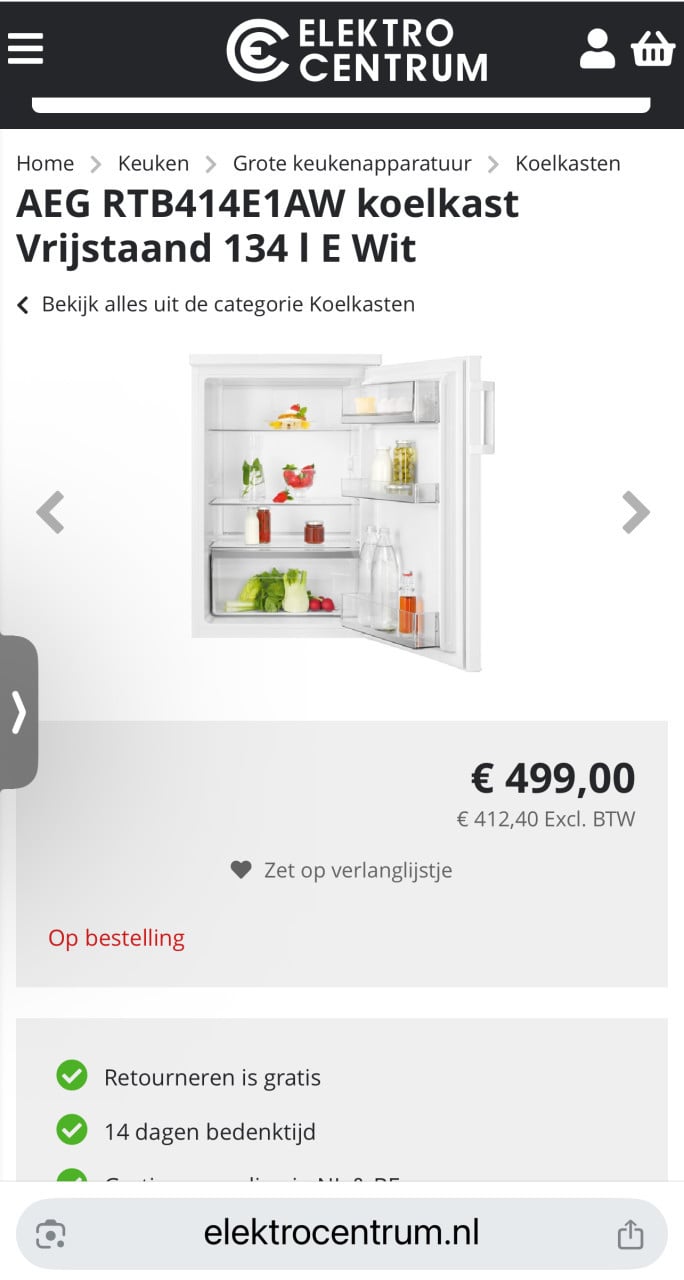 Nieuw AEG RTB414E1AW koelkast Vrijstaand 134 liter Wit Nieuwprijs €499,-