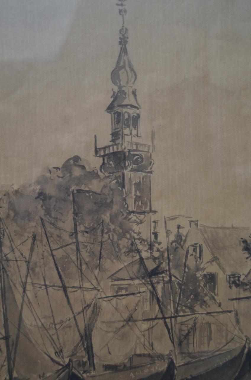 Aquarel Vissersboten/Stadhuis Veere gesign. gedat.