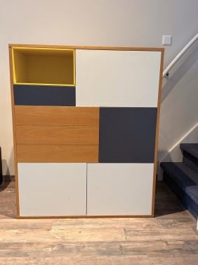 Mooie designkast hout/wit/antraciet/geel