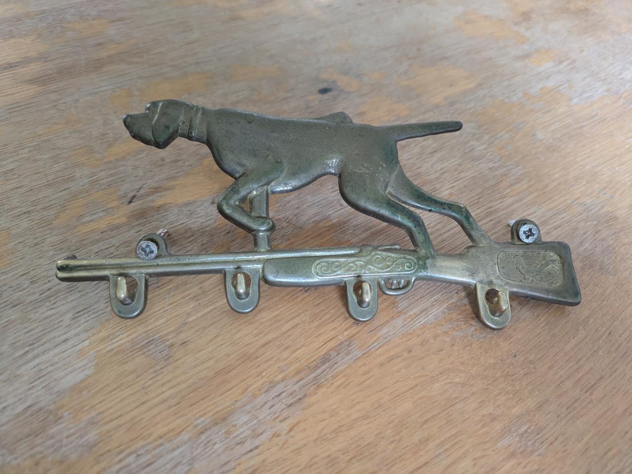 Vintage messing hond/jachtgeweer sleutelhanger rek