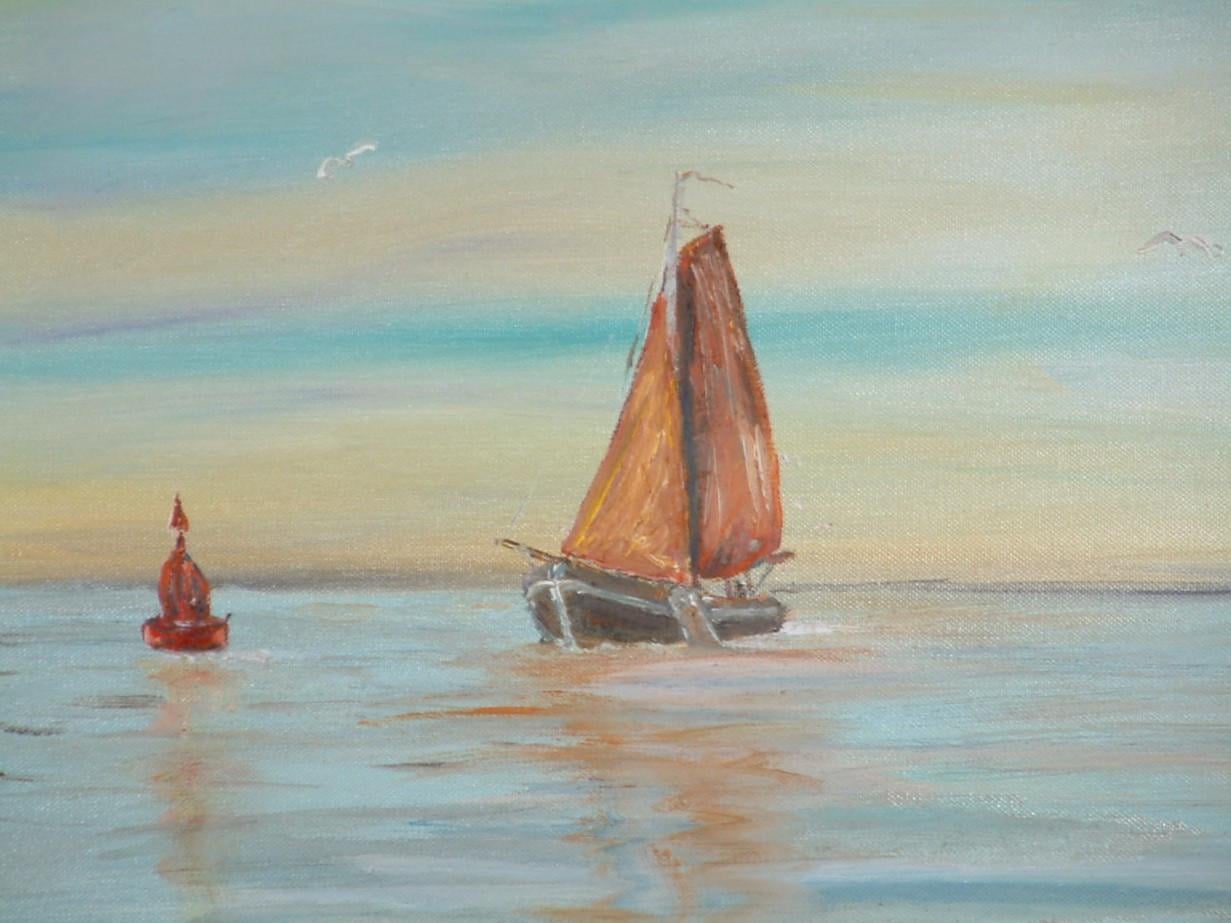 Strand met basalt -zeepokken 100 x 80  schilderijen  Jac Caljouw Arnemuiden