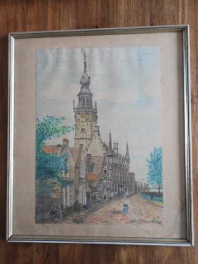 Gekleurde tekening van Veere. Koopje