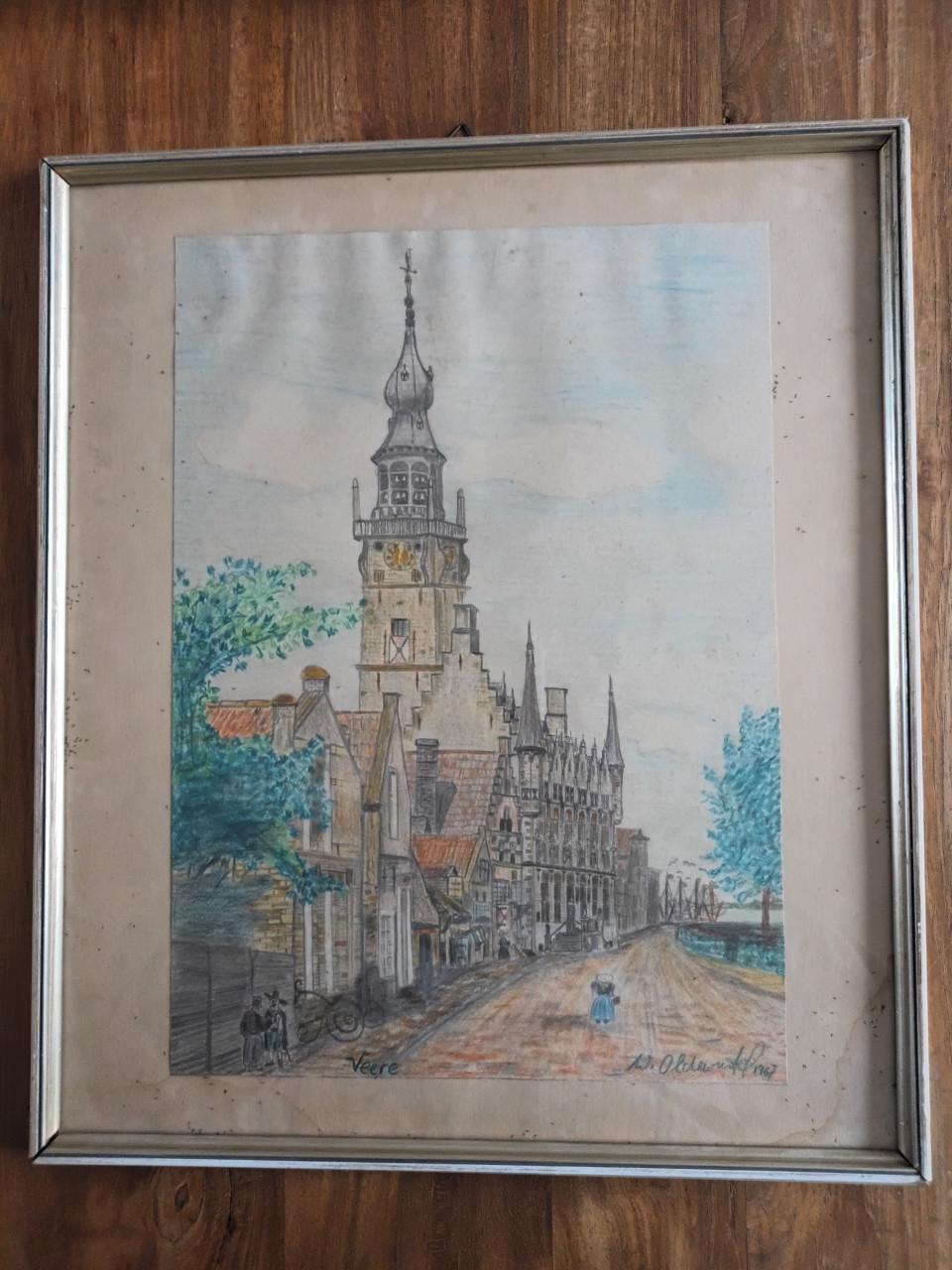 Gekleurde tekening van Veere. Koopje