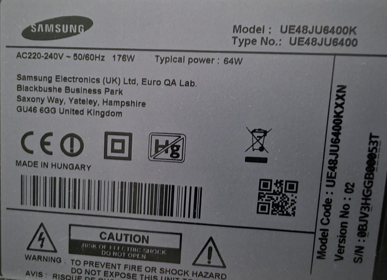 Samsung TV 48 inch (121 cm) 4K Ultra HD Smart TV, type UE48JU6400K.