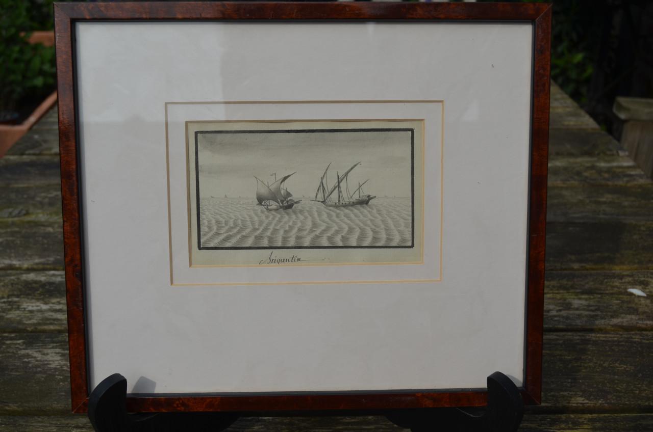 Mooie monochroom aquarel van een Brigantijn