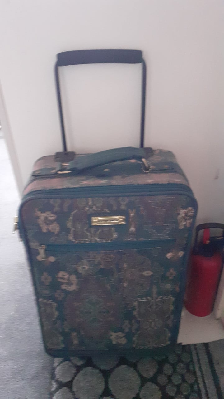 Rol-Koffers roze / groen & tas, blauw met inhoud rugzak + tas + kleine tas