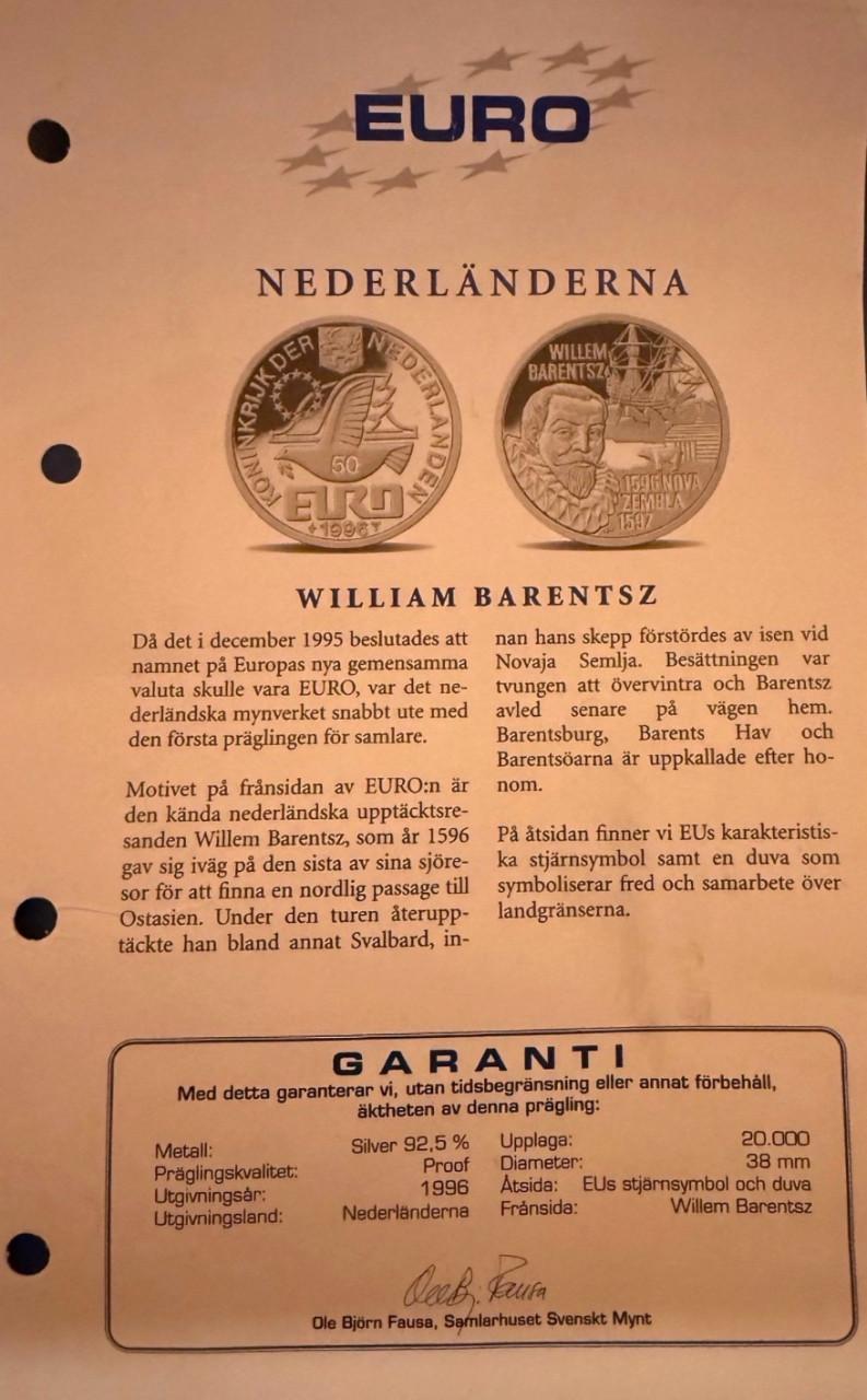 Zilveren 50 Euro munt ter herdenking van Willem Barentsz uit 1996.