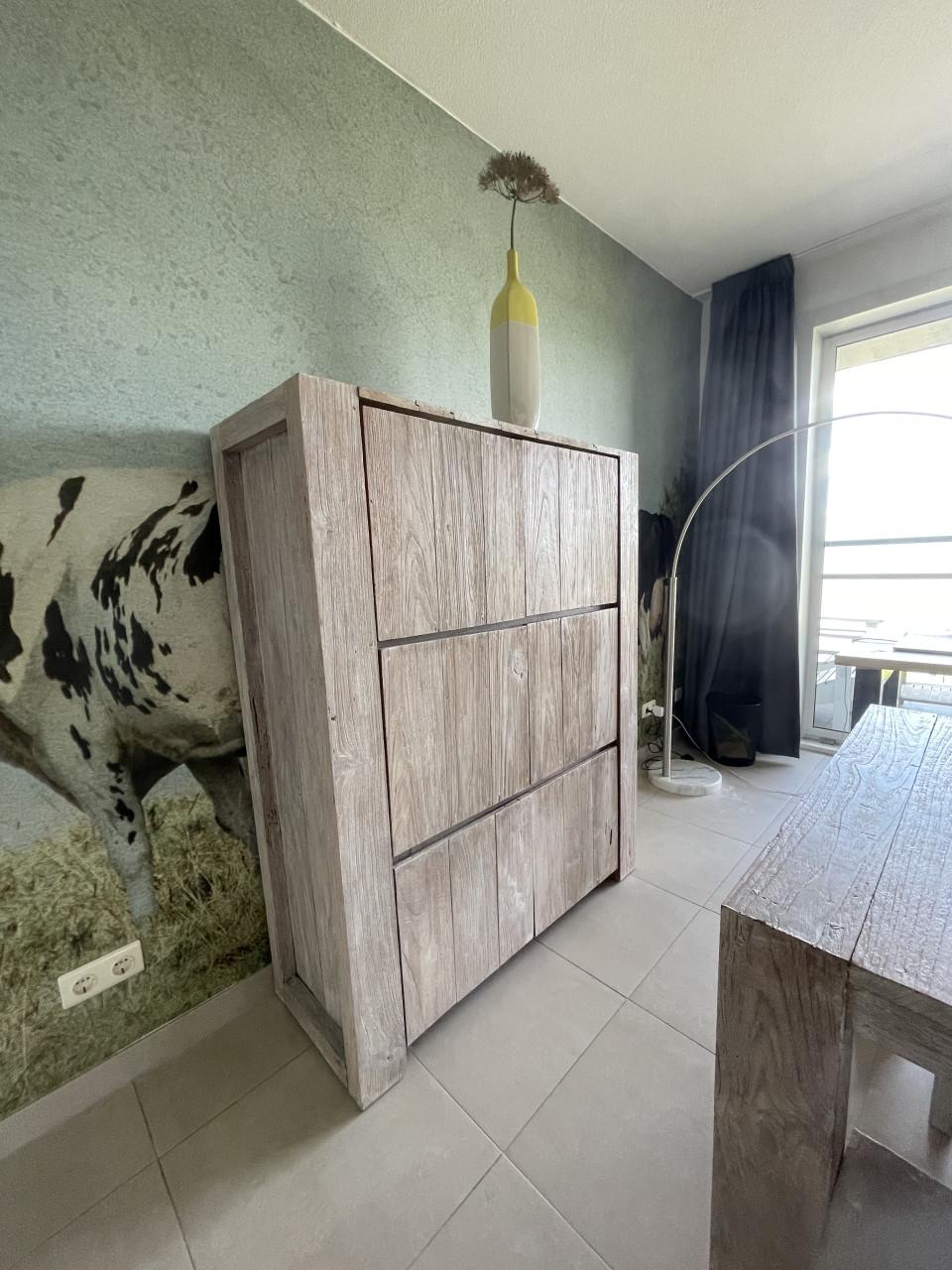 Eetkamer set massief gerecycleerd teak – modern landelijk – whitewash