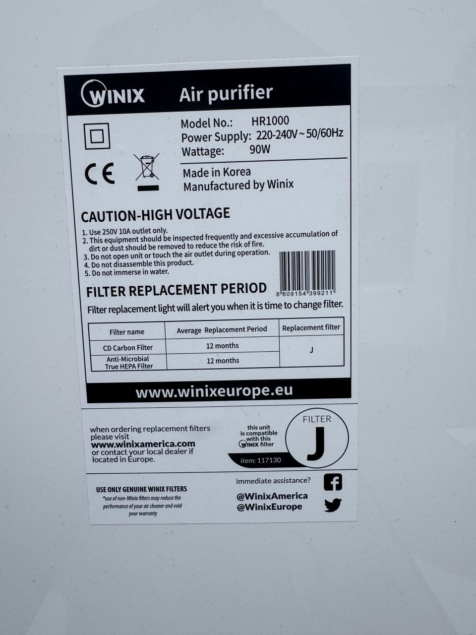 Winix HR1000 luchtreiniger