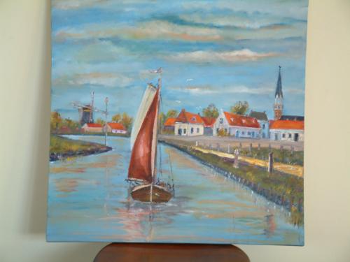 Schilderij kanaal Arnemuiden  olie verf  60 x 60  75 euro