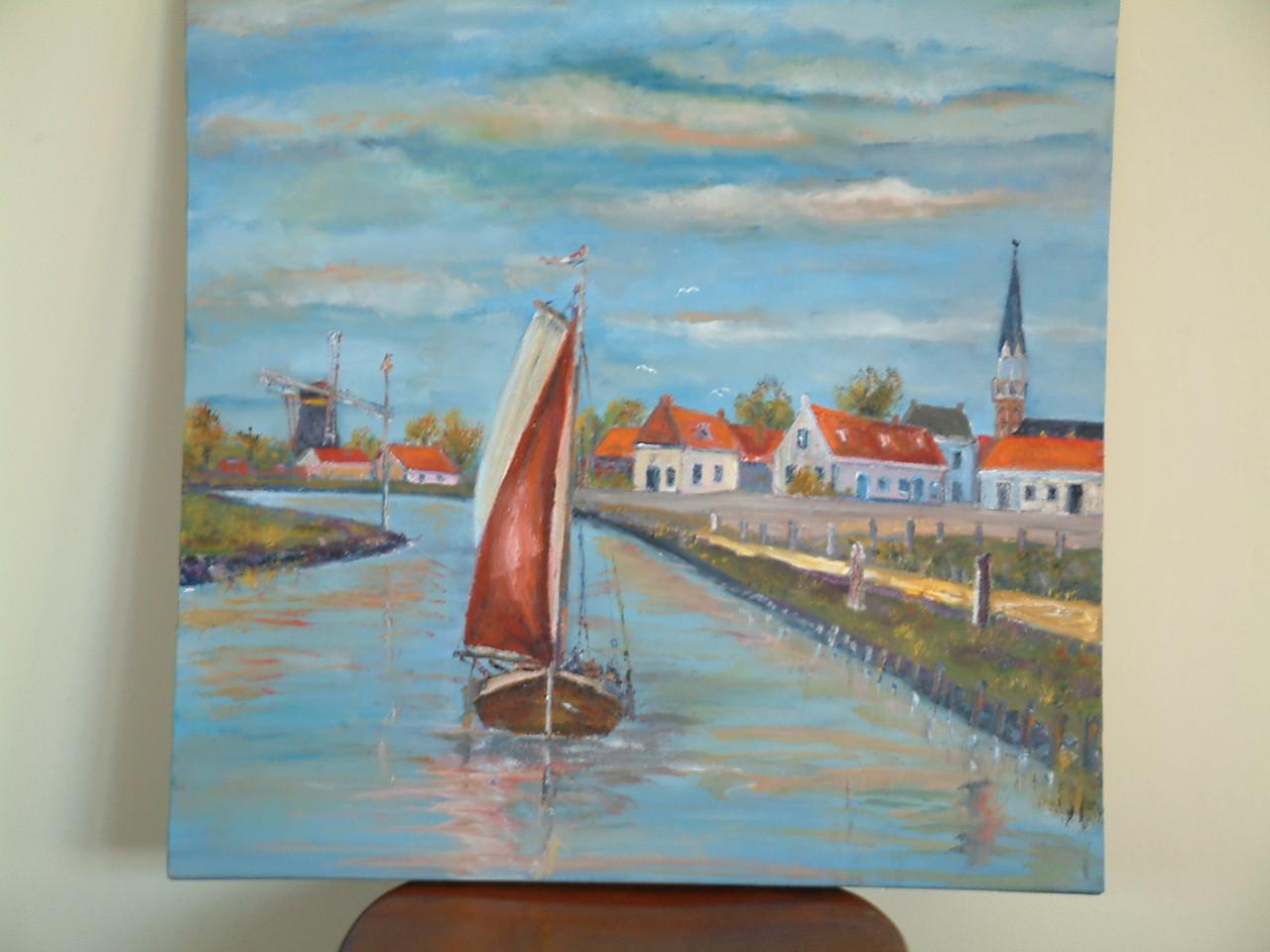Schilderij kanaal Arnemuiden  olie verf  60 x 60  75 euro