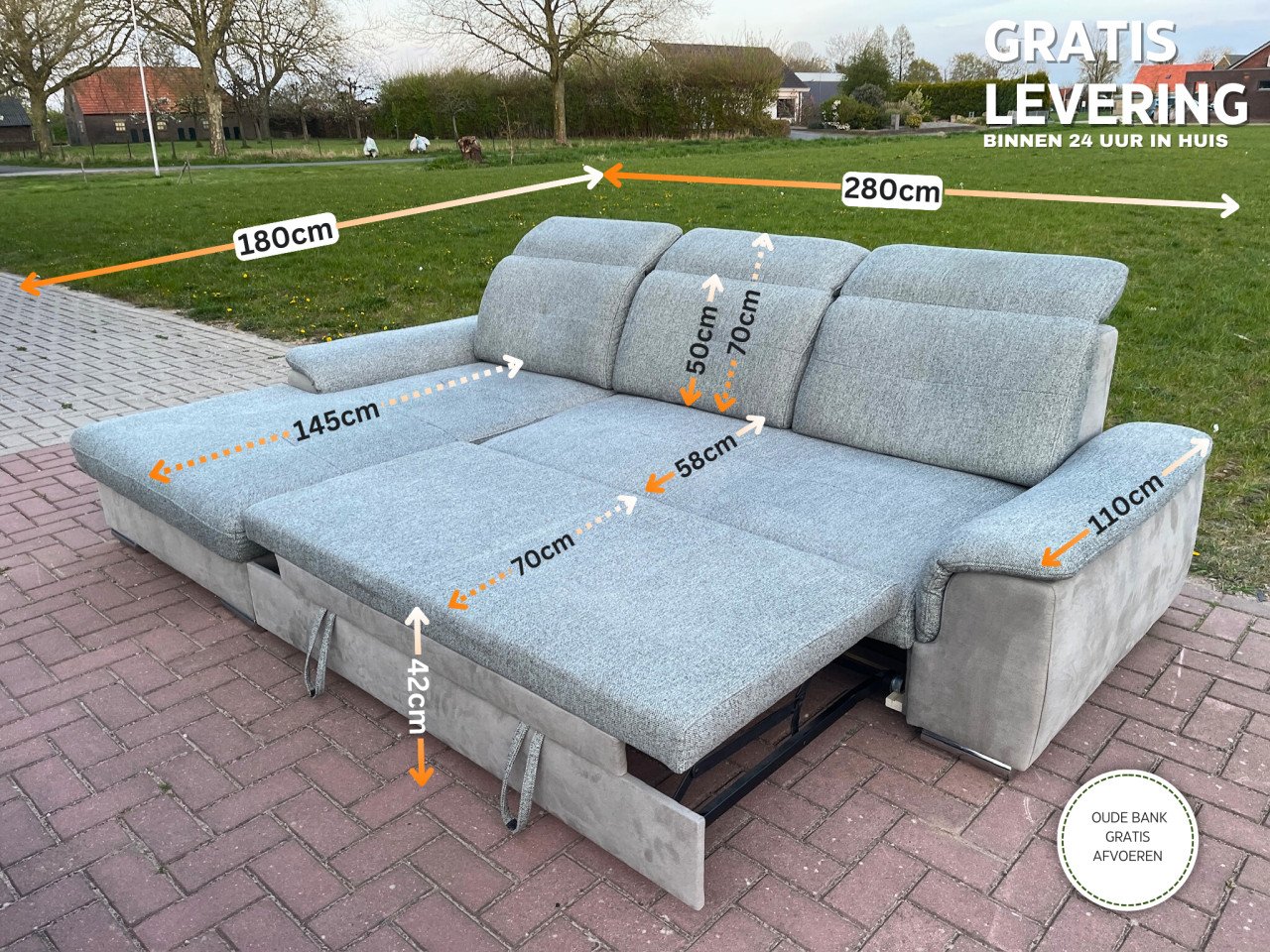 GRATIS LEVERING HEEL NL Moderne Grijs Stoffen Hoekbank + Slaapfunctie