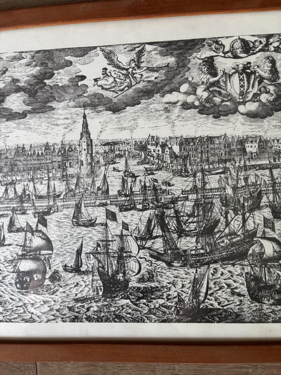 Historische gravure Amsterdams stadsgezicht 17e/18e eeuw