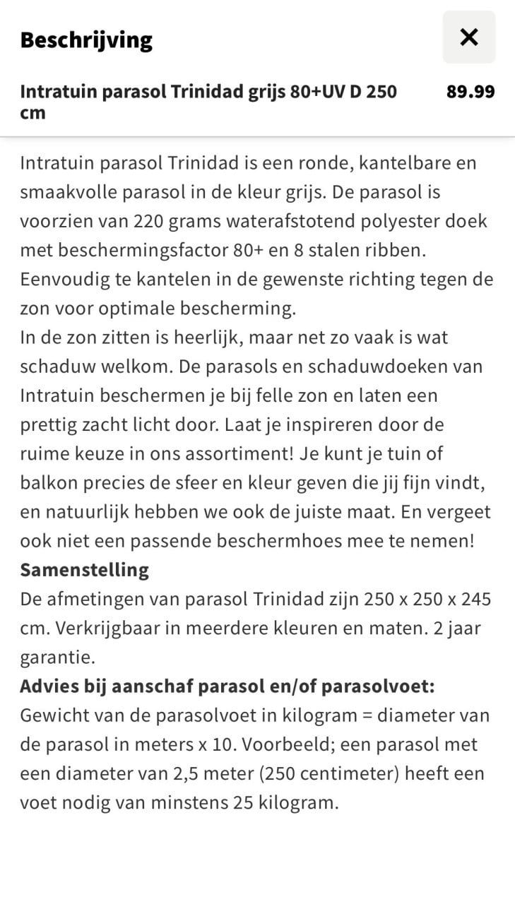Parasol van Intratuin, met voet en hoes.