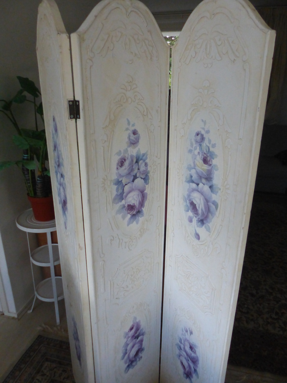 Kamesscherm brokant roomdivider bloemen geschilderd hout zwaar 40(3x)x180