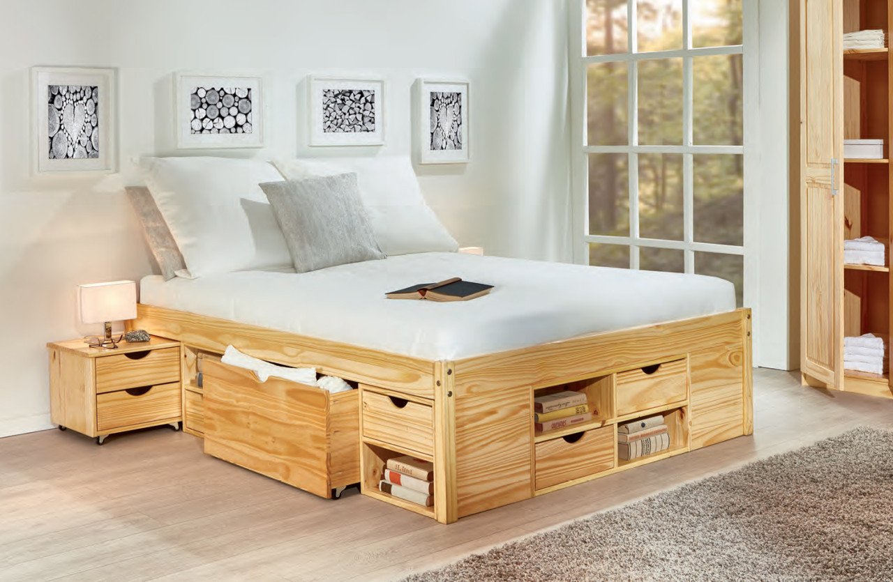 Massief houten bed in Wit of Natuur met laden en nachtkastje