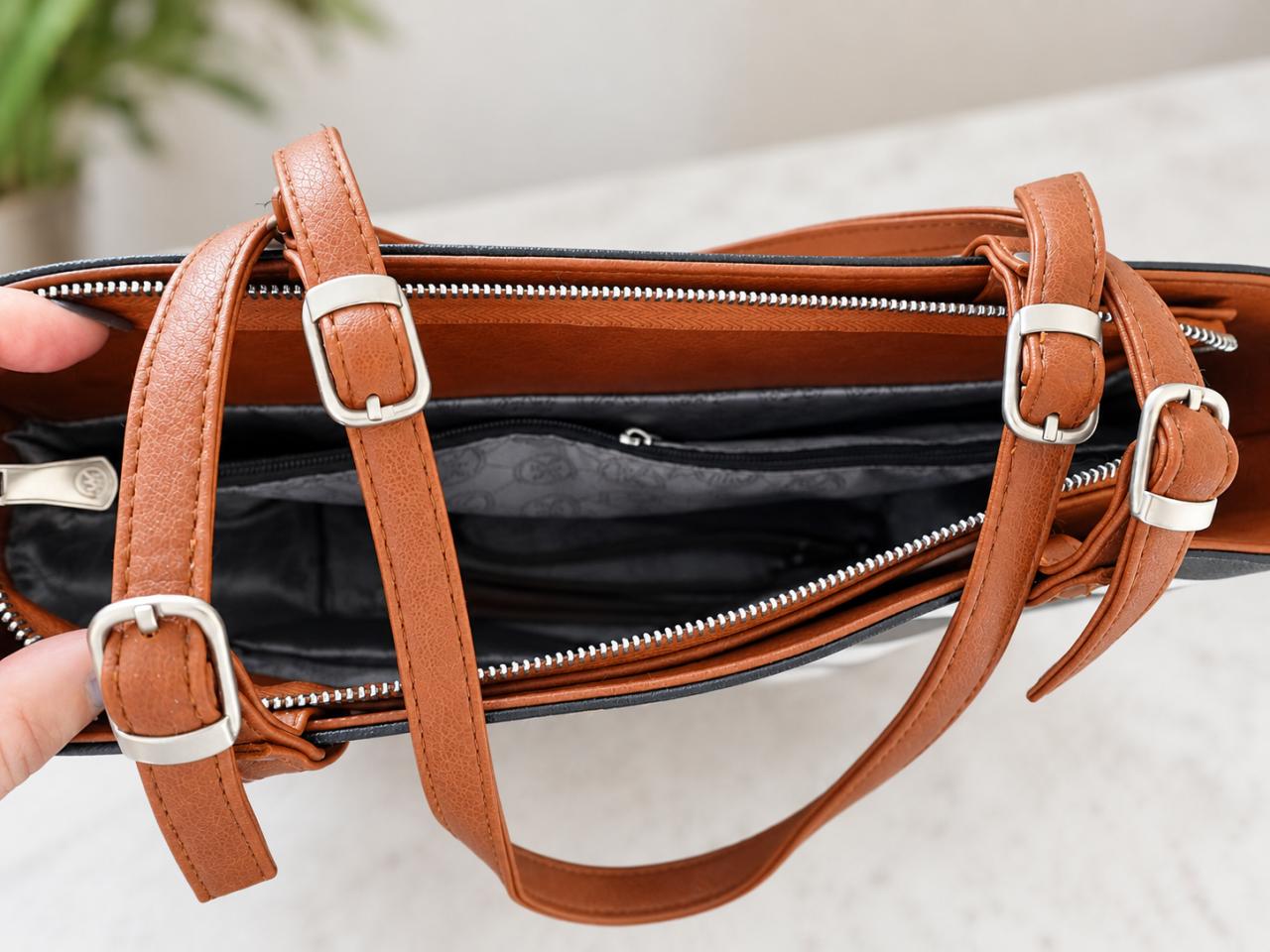Zwart-wit gestreepte shopper tas met bruine details
