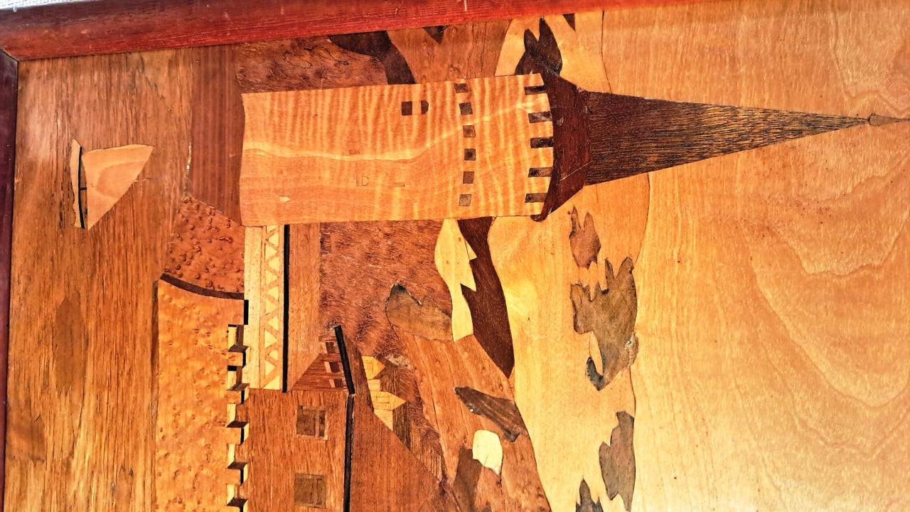 Houten marketerie kunstwerk